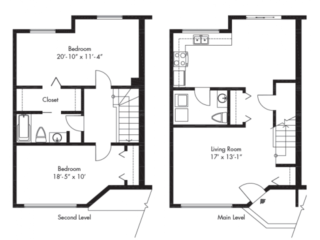 Floor plan for 2 beds, 1.5 baths, 1000 sqft